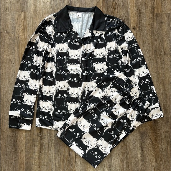 Other - Black and White Cat Print Pajama Set Top Small Bottoms XS